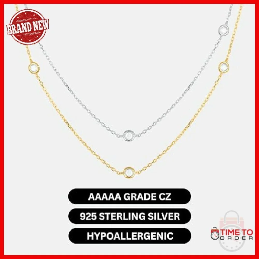 Sterling Silver CZ Station Necklace 15